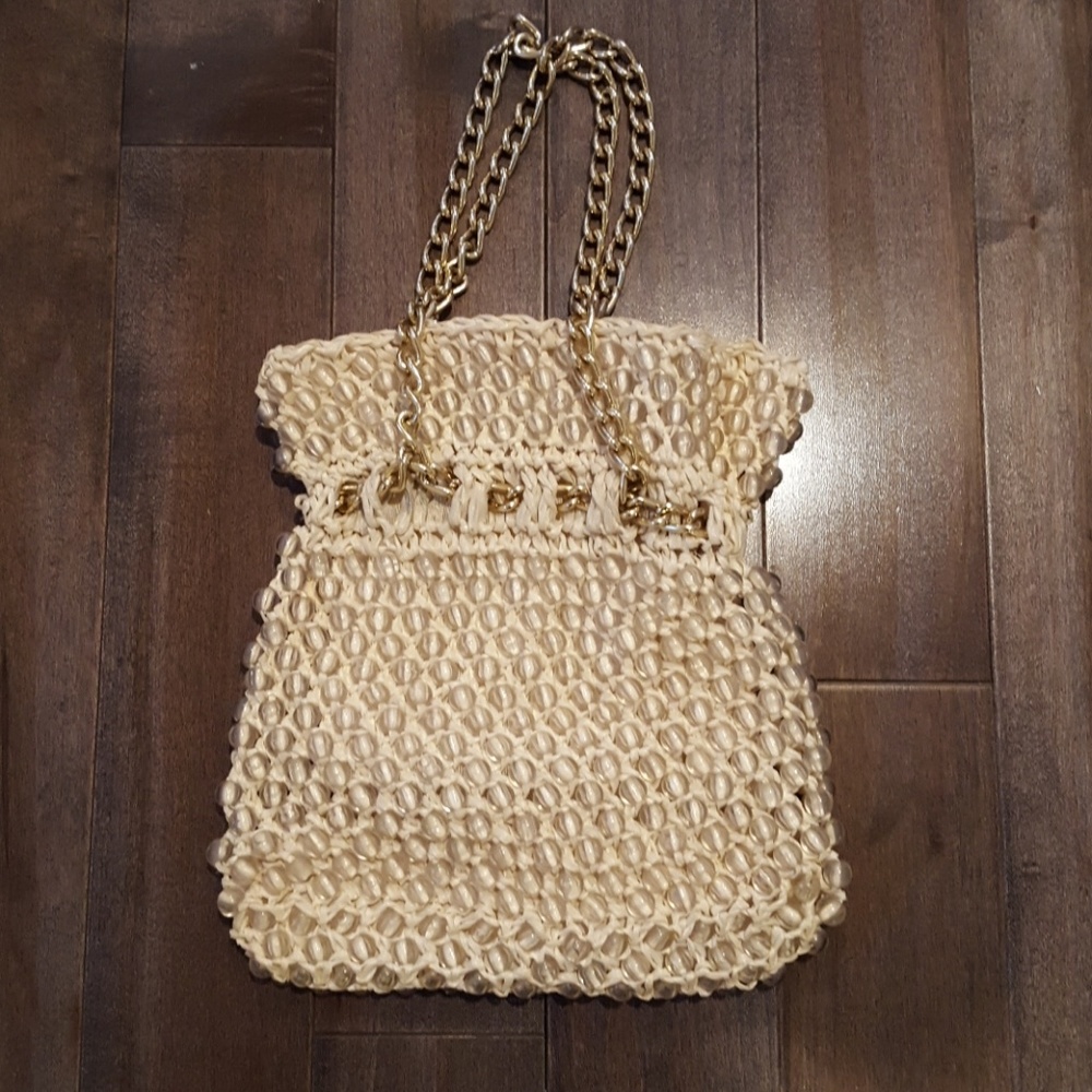 Vintage White Straw, Clear Bead Bag w/ Gold Chain